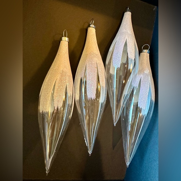 4 Hand Blown Glass 6” Icicle Glitter Clear Christmas Ornaments. EUC - Picture 6 of 6